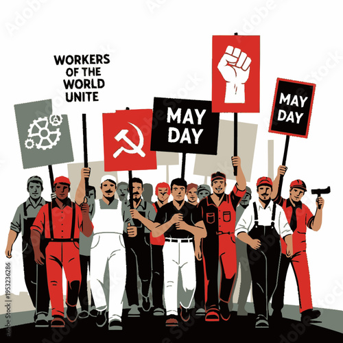 Diverse group of workers marching with protest signs.