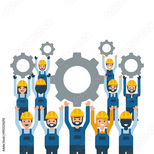 Diverse Team of Workers Holding Up Gears Symbolizing Collaboration.