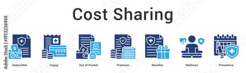 Cost sharing banner web icon explains deductible, copay structures and wellness benefits for preventive healthcare savings.
