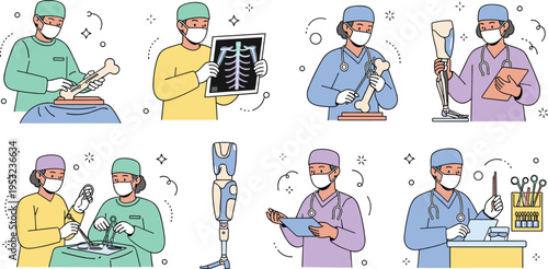 Flat line vector illustration of surgeons and orthopedic doctors examining X-rays, performing surgery, and working with prosthetic limbs