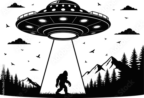 UFO abduction silhouette scene, black vector illustration showing flying saucer above forest mountains with Bigfoot figure, sci fi mystery extraterrestrial concept art