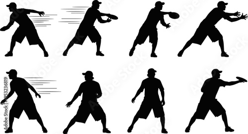 Ultimate frisbee player silhouettes set, vector illustration of people throwing and catching the disc, active summer sport icons collection for outdoor recreation, black and white minimal style.