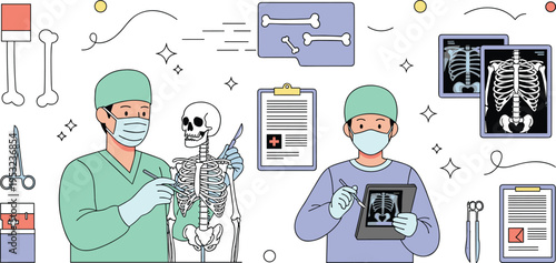 Professional surgeons and doctors analyzing human skeleton anatomy x-ray scans and medical reports in flat vector illustration style for healthcare education