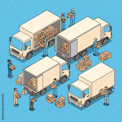 Isometric illustration of several delivery trucks with workers loading and unloading packages.