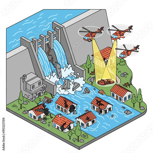 Illustration depicting a dam failure causing flooding and rescue operations with helicopters.