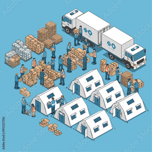 Isometric illustration of disaster relief efforts, showing tents, trucks, and volunteers distributing supplies.