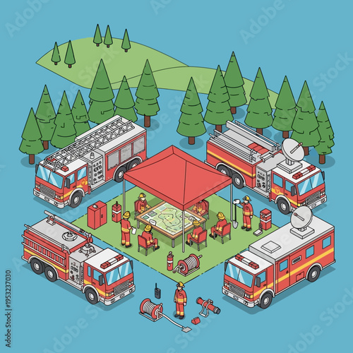 Isometric illustration of a fire department's command center with fire trucks and personnel.