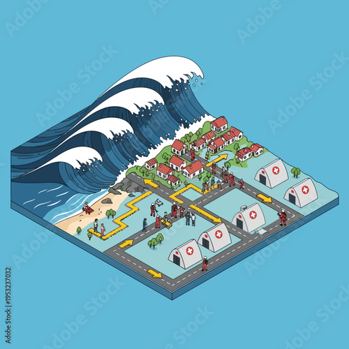 Isometric illustration depicting a tsunami devastating a coastal community, with emergency response efforts.