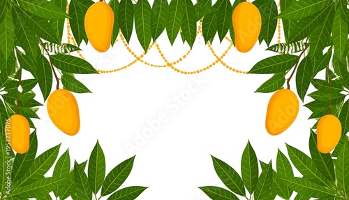 Tropical mangoes hanging from leafy branches, golden garland