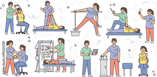 Professional physiotherapists assisting patients with physical therapy exercises rehabilitation treatment and medical massage in clinic vector illustration set