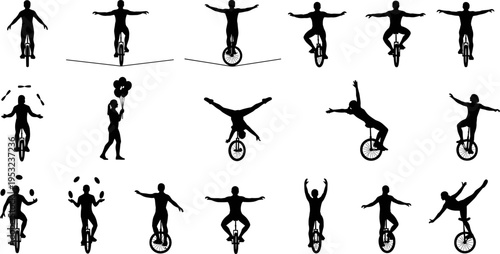 Unicycle rider silhouettes vector set, balance and circus trick poses illustration, black monochrome unicycling people collection for sport, performance, training, and design use