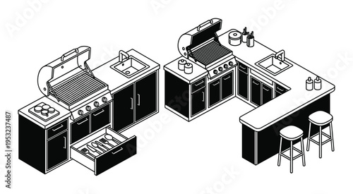 Outdoor kitchen vector illustration with barbecue grill and island bar stools