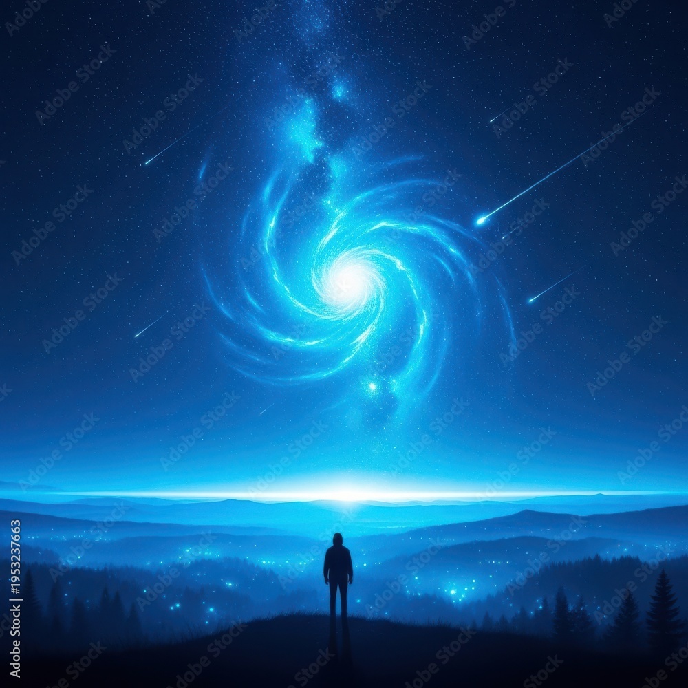 Fototapeta premium A lone figure gazes at the cosmic swirl of a mesmerizing spiral galaxy under a starry sky