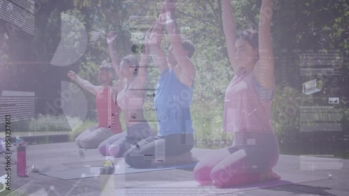 Four kneeling yoga team on guided cue opening chest lifting arms HUD charts overlay for focus