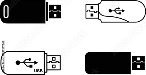 USB flash drive icons set, black white vector illustration removable storage device symbols isolated on white background technology data transfer design elements