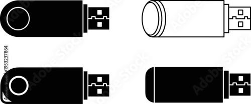 USB flash drive silhouette vector set, portable data storage devices icons, black and white memory sticks, technology hardware illustration for interface, branding, UI