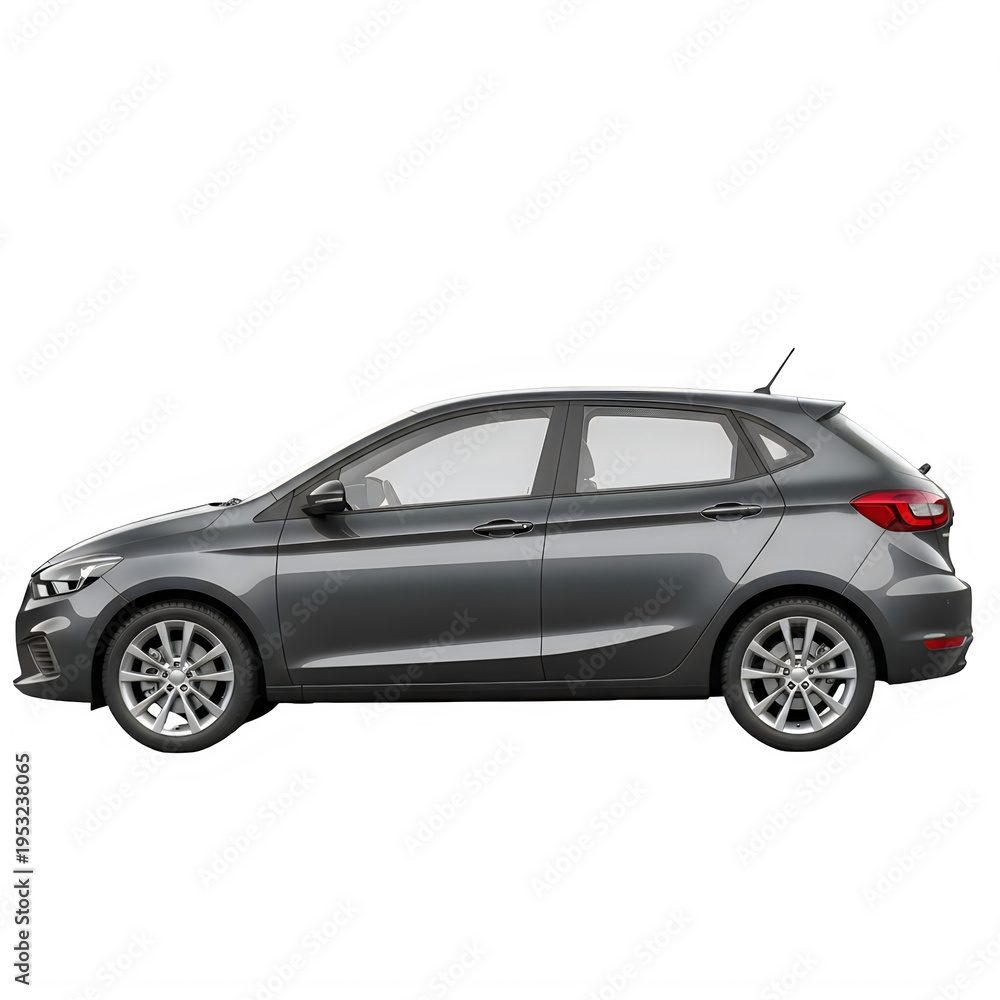Fototapeta premium Dark gray hatchback car with silver wheels on black isolated on transparent background