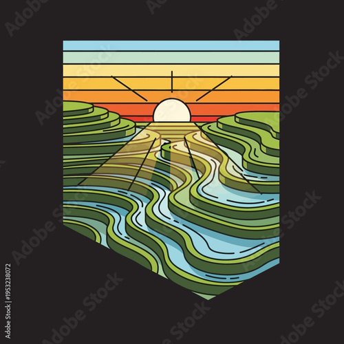 Stylized illustration of a sunrise over terraced rice fields, with linear design.