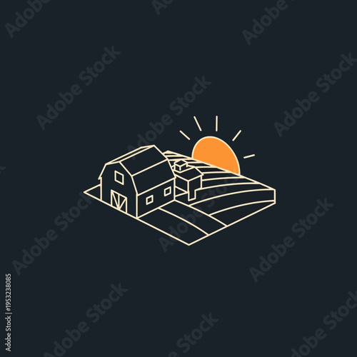 An isometric illustration of a farm scene with a barn, fields, and a rising sun.