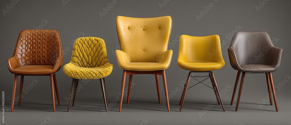 Fototapeta premium A collection of five modern upholstered chairs with wooden legs on grey background