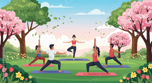 People practice yoga outdoors in a serene park with trees and flowers
