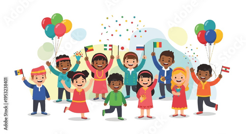 Children celebrate with flags and balloons in a festive outdoor setting