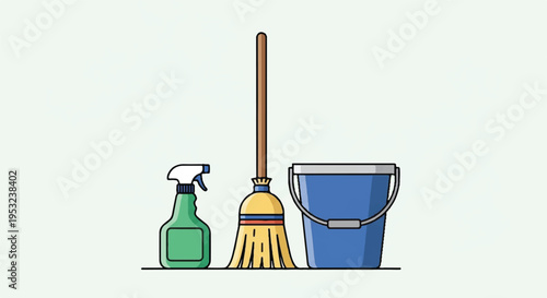 Cleaning tools arranged on a surface including a spray bottle broom and bucket