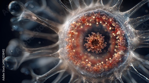 An abstract close-up presents an otherworldly view of cellular biology with an intricate central structure and emanating organic tendrils.