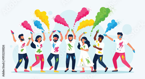 People celebrating Holi festival with colorful powders in air