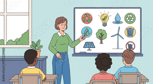 A teacher explains eco-friendly concepts to students in a classroom.