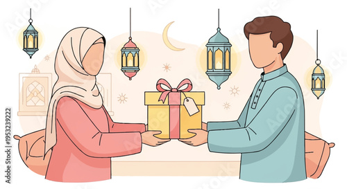 A man and woman in traditional clothing exchange a gift in a festive setting with hanging lanterns.