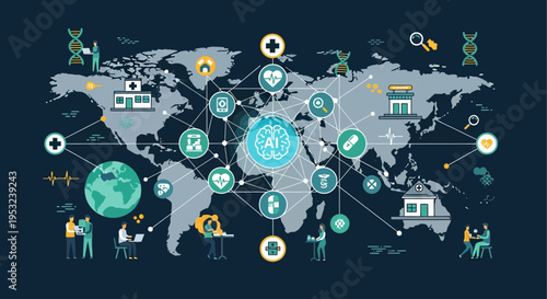 Global interconnectedness of healthcare and technology, illustrating digital health networks and medical advancements across the world map.