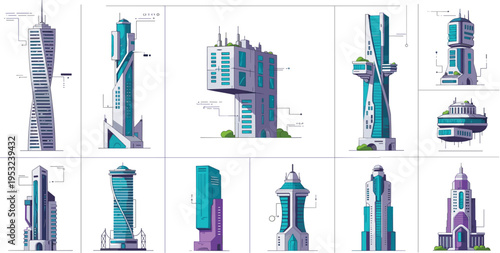 Futuristic skyscraper and modern architecture collection with sci-fi buildings smart city towers and innovative urban design vector illustration