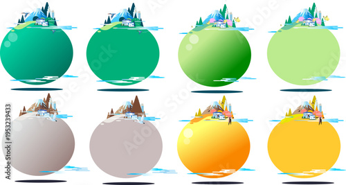 四季の彩りと豊かな自然：コピースペース付き手描きイラストセット