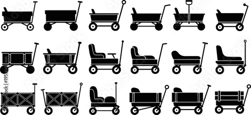 Utility wagon silhouettes collection, garden carts, kids pull wagons, transport trolleys, black vector illustration set for outdoor use, logistics, equipment, design resources