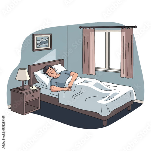 Man sleeping peacefully in a cozy bedroom with a bed, nightstand, lamp, and window.
