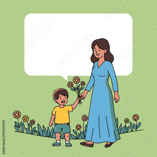 A young boy happily gives flowers to his mother.