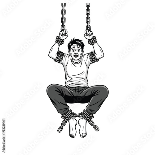 A man struggles while hanging from chains on a swing in a desperate scene