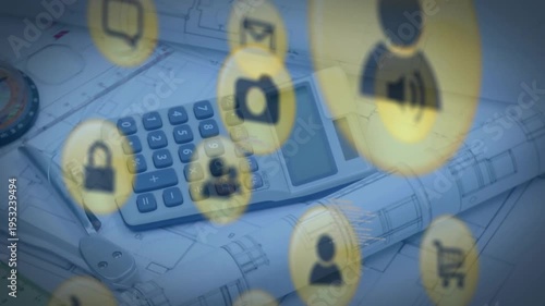 Overlay appearing icons floating, camera panning revealing calculator, blueprints and tools