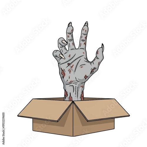 A zombie hand rises out of a cardboard box with bloody fingers.