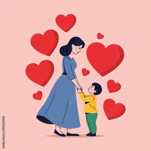 Mother and Child Embrace Surrounded by Hearts.