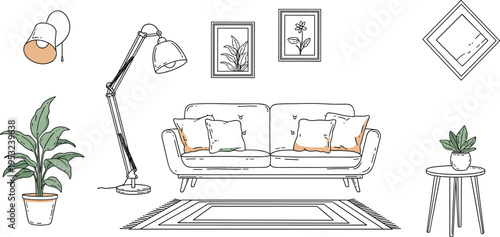 Modern living room furniture set with cozy sofa floor lamp potted plants picture frames and rug for home interior design vector