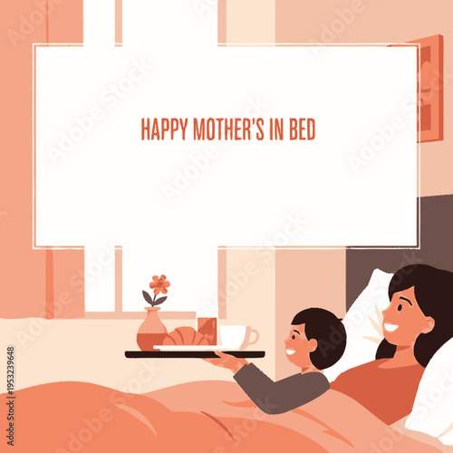 Mother and child enjoying breakfast in bed.