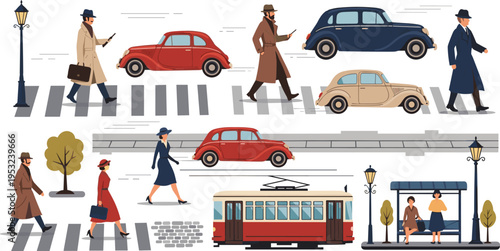 Vintage city street scene with retro cars classic tram pedestrians in trench coats and old fashion urban transportation vector set