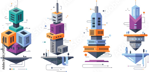Futuristic city architecture set with abstract geometric skyscrapers high tech buildings and floating urban towers for sci-fi city design vector