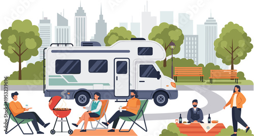 Professional vector illustration of people enjoying outdoor barbecue and picnic near motorhome camper van with city skyline background