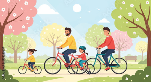 Family rides bicycles through blooming park on sunny day with trees and flowers