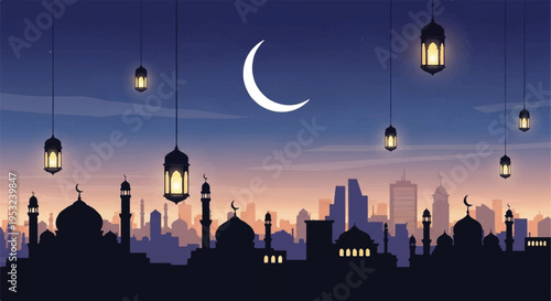 Cityscape at dusk with mosque and lanterns under crescent moon