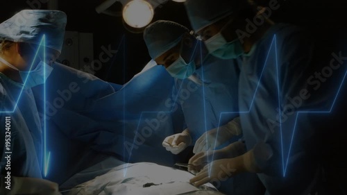 Lead surgeon probing incision in OR, team handing tools while blue ECG pulsing, performing surgery