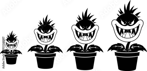 Vector Black Silhouette Set of Aggressive Carnivorous Piranha Plants in Growing Stages, Featuring Large Sharp Teeth and Evil Grin, Monster Flora Game Concept